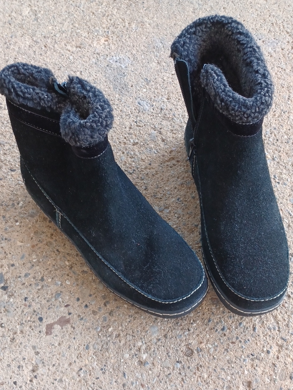 Women's Lands End Black Suede Ankle Boots with Knit Cuff